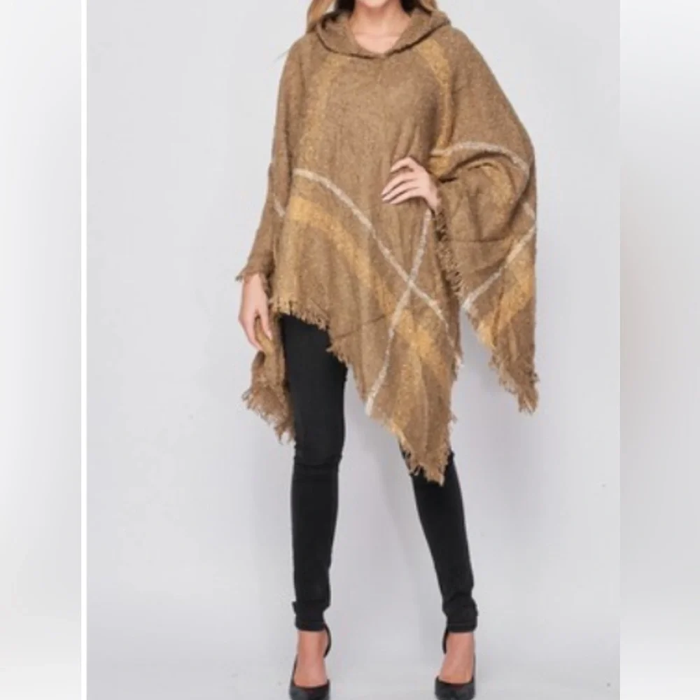 30 Boho Modern Plaid Hooded Fringed Poncho - Picture 1 of 2
